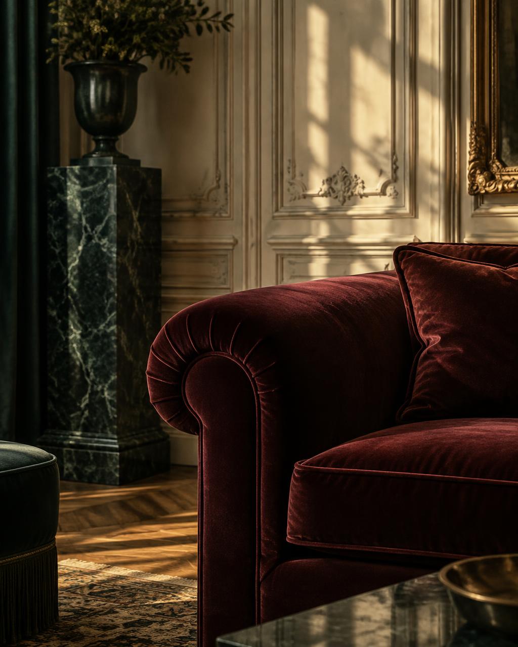 Accoudoir de canapé en velours bordeaux devant des boiseries crème et un socle de marbre vert