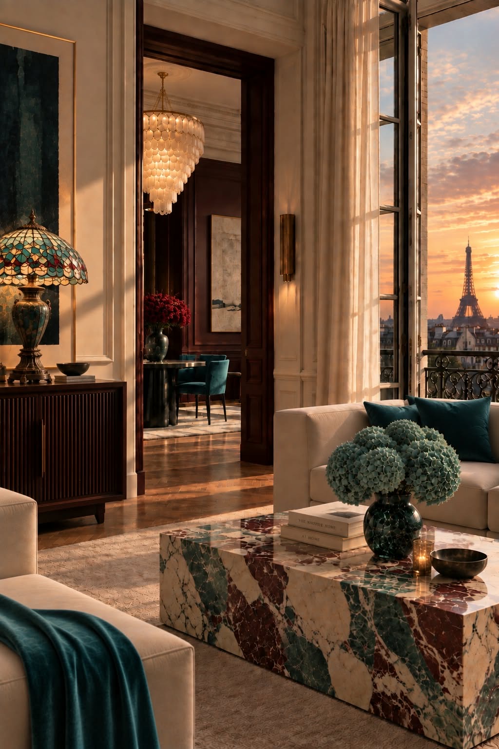 Salon parisien haussmannien au coucher du soleil, table en marbre, hortensias et vue sur la Tour Eiffel