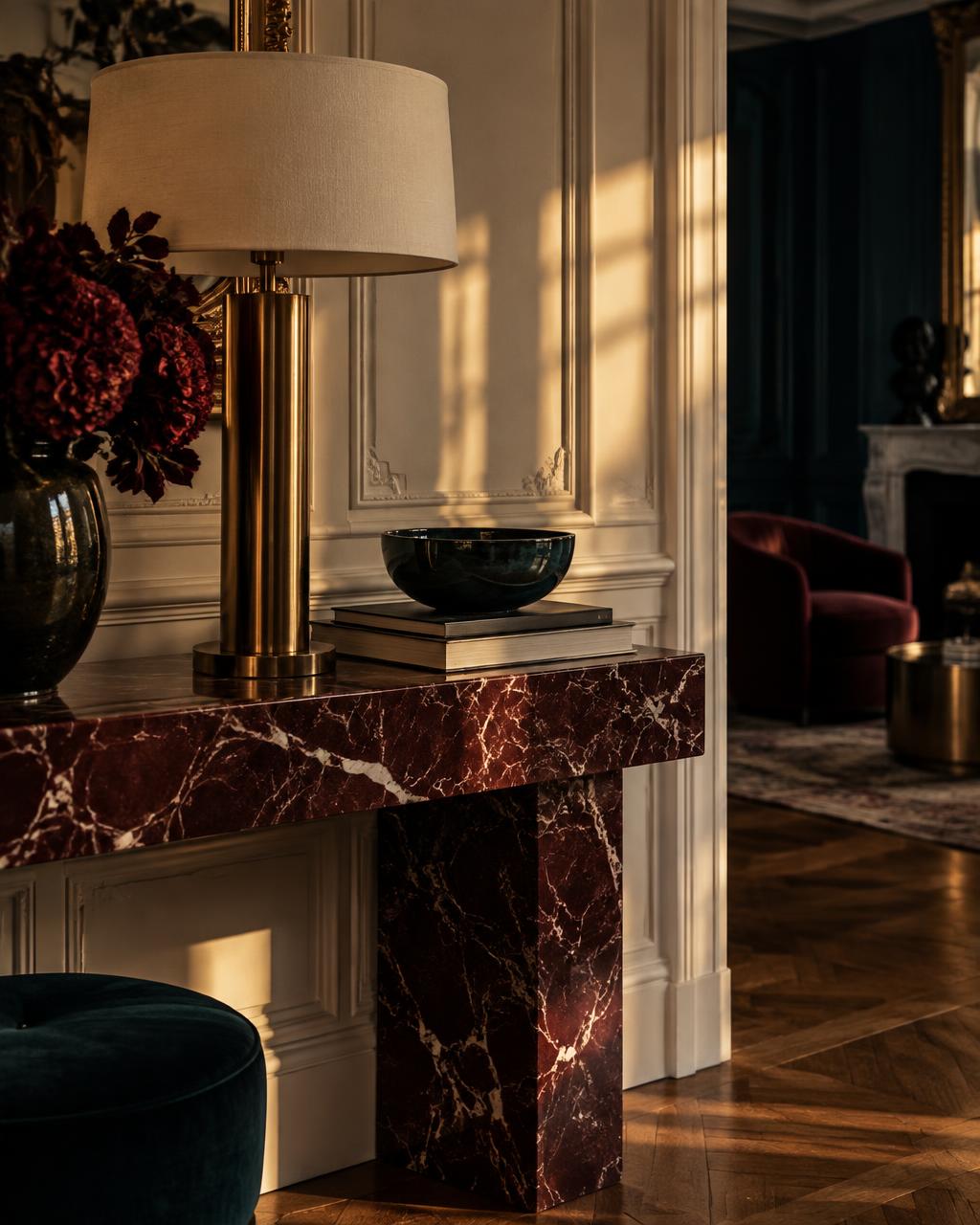 Console en marbre bordeaux, lampe en laiton et livres dans une lumière chaude de fin de journée