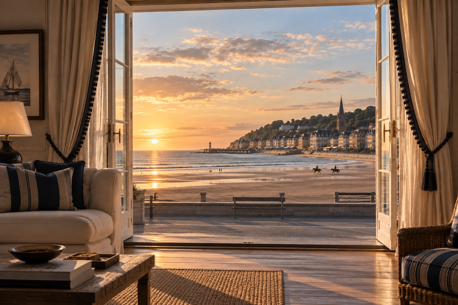 Vue sur la plage de la Côte Fleurie au coucher du soleil depuis un salon normand