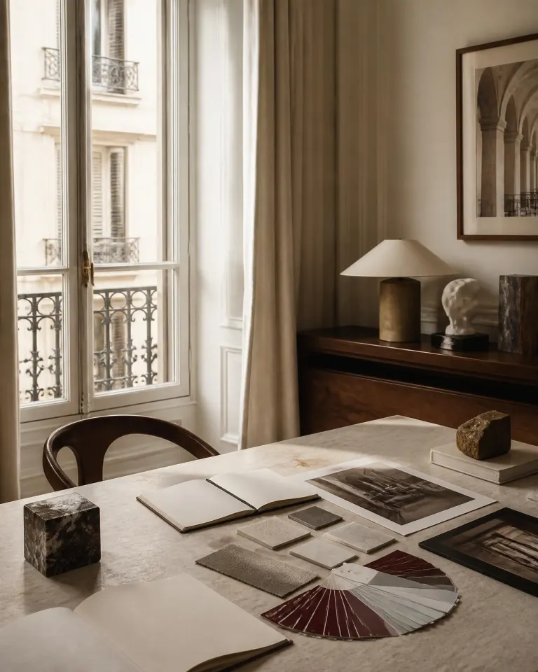 Bureau de direction artistique parisien : grande table en pierre claire, carnets ouverts, échantillons de matières, nuancier bordeaux et tirages fine art devant une fenêtre haussmannienne