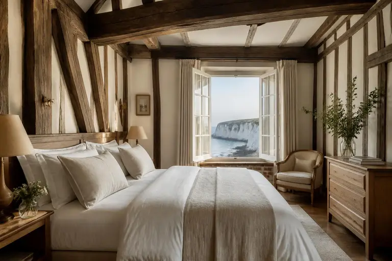 Étude conceptuelle : chambre raffinée du même hôtel, colombages apparents, lin crème et fenêtre ouverte sur les falaises normandes
