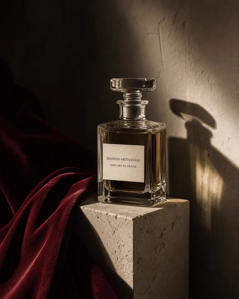 Nature morte éditoriale, flacon de parfum artisanal français sur socle de pierre, velours bordeaux
