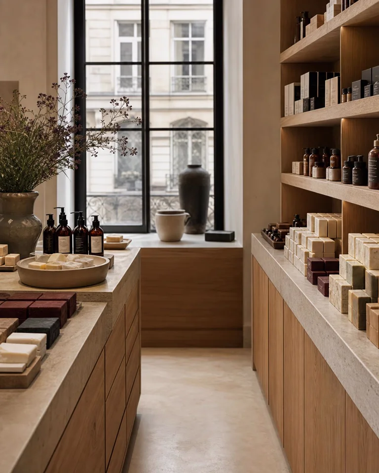 Intérieur d’une boutique de savonnerie et cosmétique premium à Paris, chêne, pierre naturelle et lumière douce